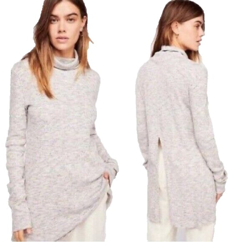 Free People Stonecold Turtleneck Ribbed Split Back Tunic Top Sz XS Neutral Fall